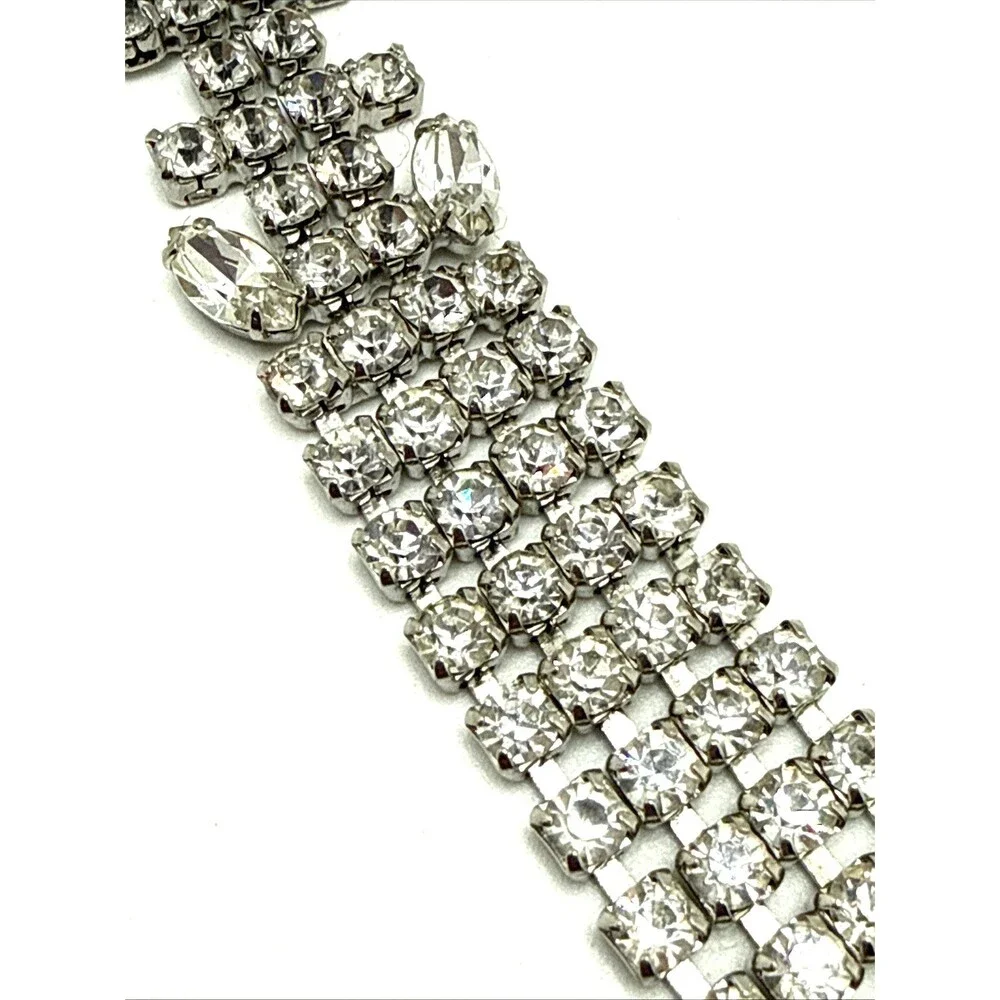 Vintage Clear Crystal Rhinestone Cocktail Bracelet Silver Tone Statement 7